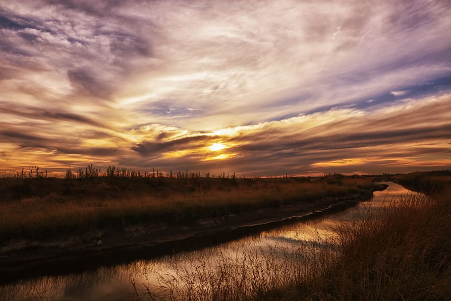 body of water surrounded by grass, sunset, landscape, sky, panoramic HD wallpaper