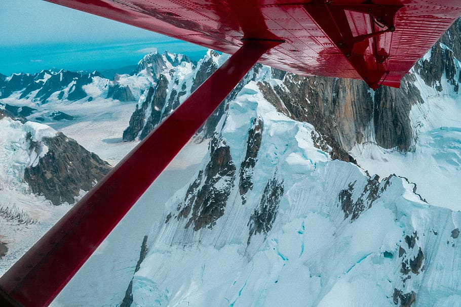 Denali Flight Tour, aerial photography of red airplane, wind HD wallpaper