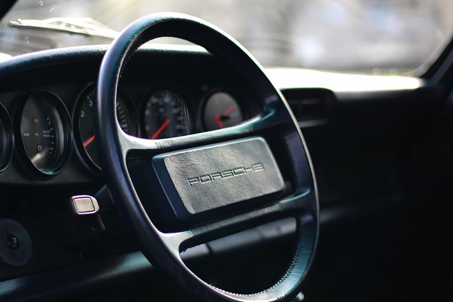 Porsche 1987, closeup photo of black Porsche steering wheel, car HD wallpaper
