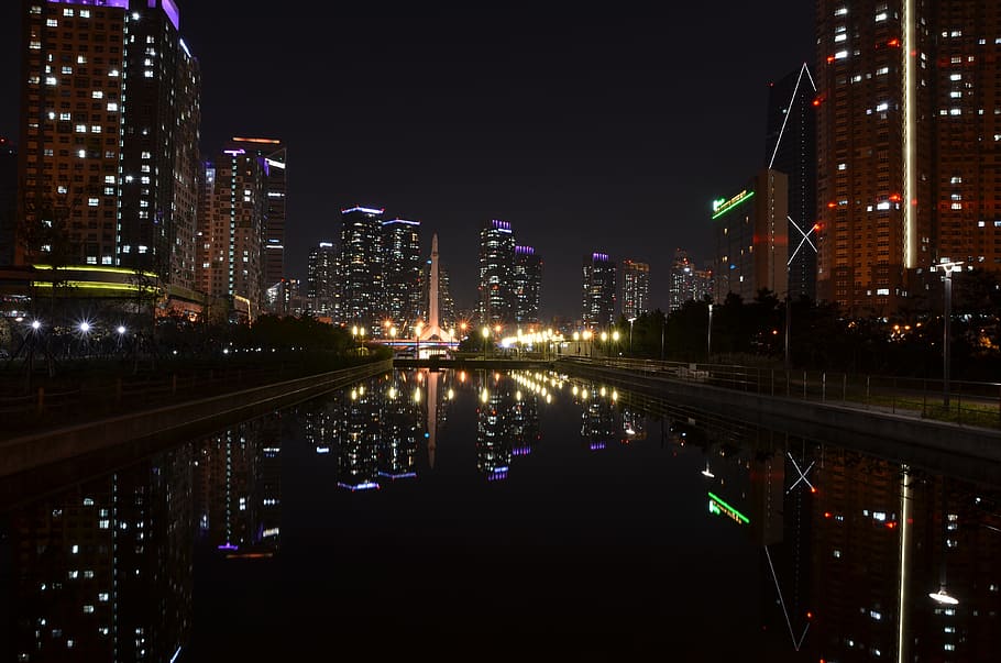 city buildings near body of water during nighttime, songdo, night view, HD wallpaper