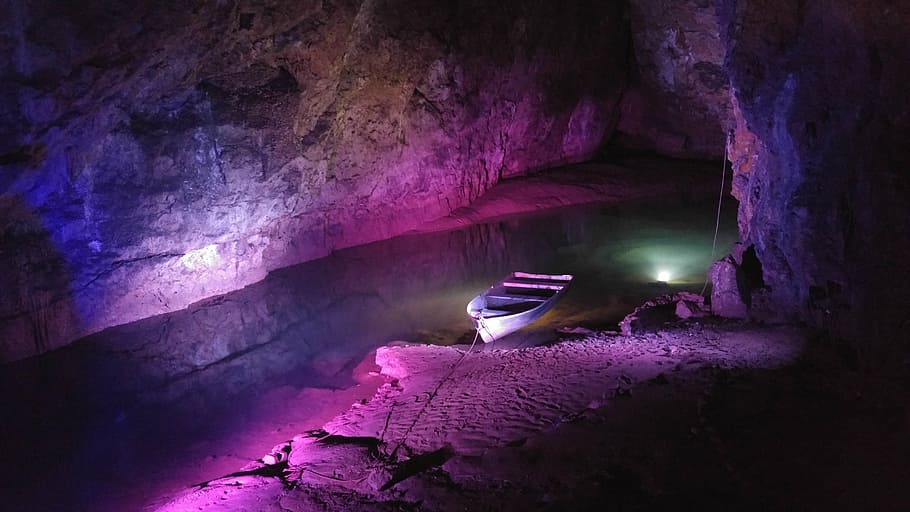 boat near shore inside cave, river, underground, dark, vessel
