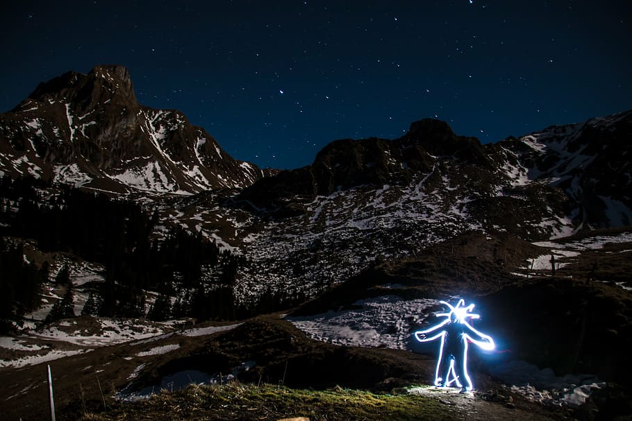 mountain under starry night, light graffiti, light drawing HD wallpaper