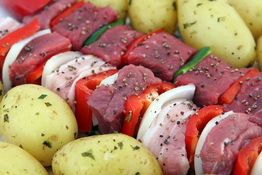 peeled potatoes and raw kebab, barbeque, bbq, beef, cholesterol HD wallpaper