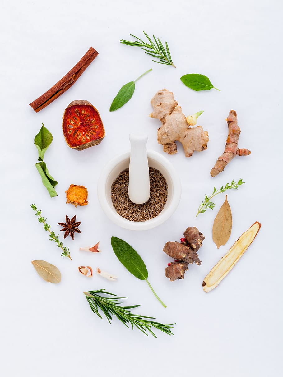 white ceramic mortar and pestle between variety of spices, doctor, HD wallpaper