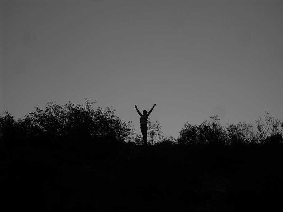 mountain, silhouette, fullness, dom, person, nature, tree, outdoors HD wallpaper