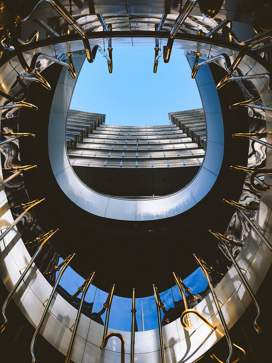 ant view of gray building, worms-eye view of building, looking up HD wallpaper