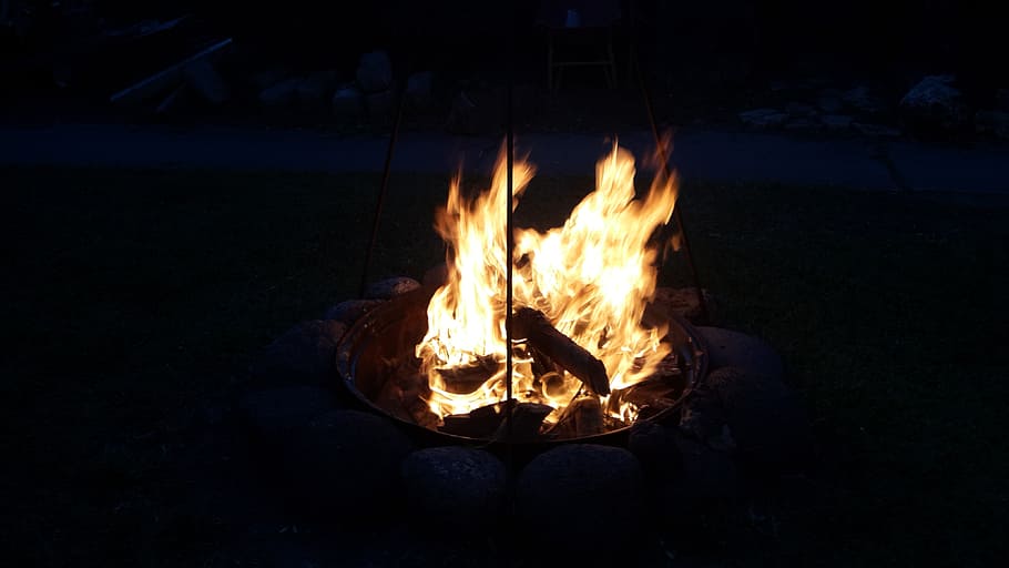 fire, camping, campfire, picnic, activity, bonfire, outdoors HD wallpaper