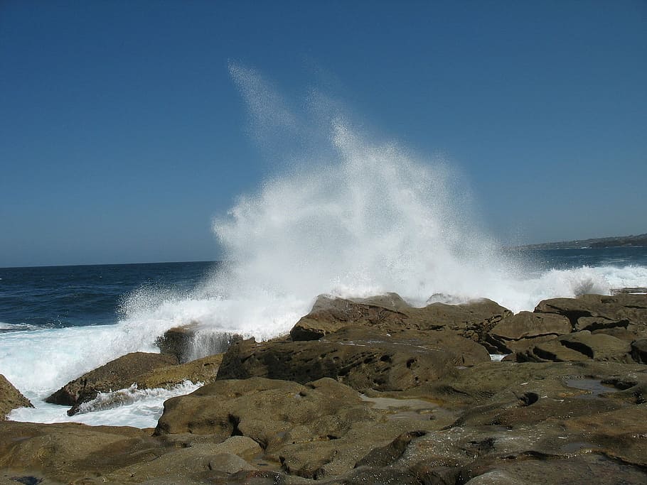 wave, bondi, sydney, ocean, shoreline, rock, beach, tide, sea HD wallpaper