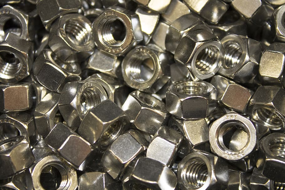 stainless steel nut lot, bolt, metal, hardware, metallic, industrial