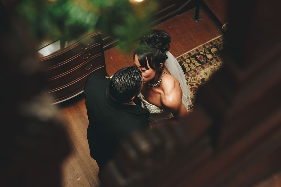 couple kissing near drawer chest, wedding, dress, man, men, high angle view, HD wallpaper