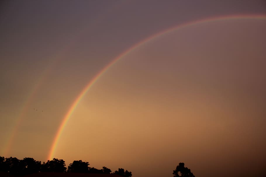 double rainbow, nature, storm, sunset, sky, dusk, night, orange Color HD wallpaper