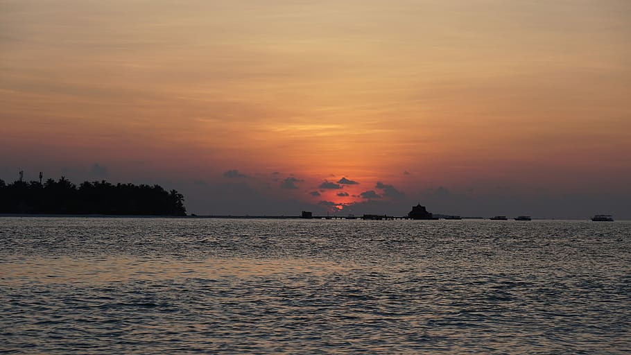 Sunset, Maldives, Sea, Clouds, Sky, evening sky, dream holiday HD wallpaper