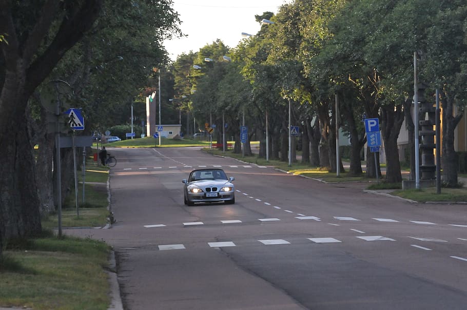 car, road, trees, motor vehicle, transportation, plant, mode of transportation HD wallpaper