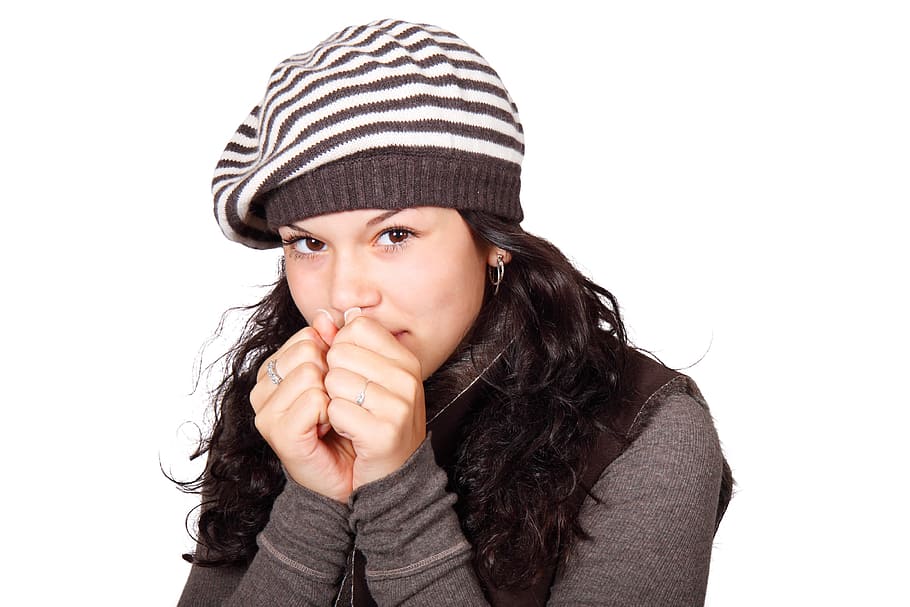 Woman in White and Black Stripe Cap and Grey Shirt Hands to Face HD wallpaper