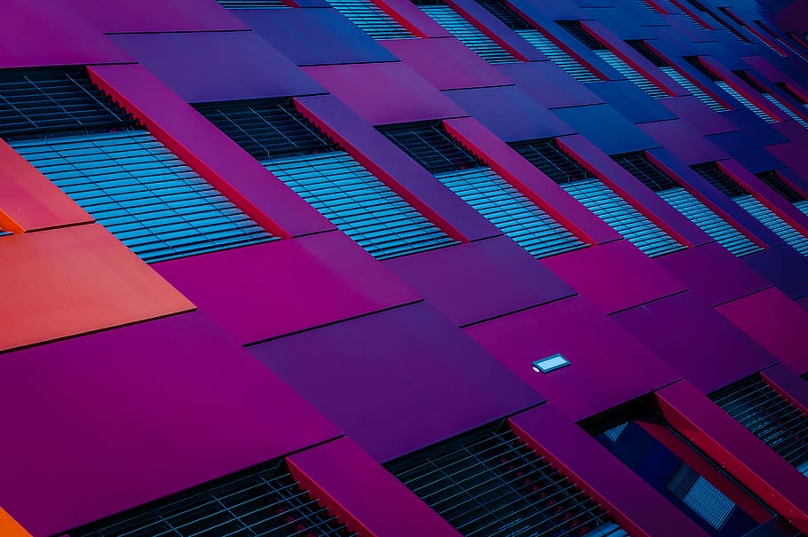 bottom view of purple building, purple building wall with windows HD wallpaper