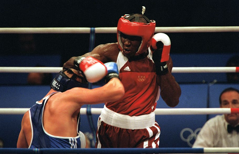 boxers on ring, males, boxing, sport, fitness, glancing blow