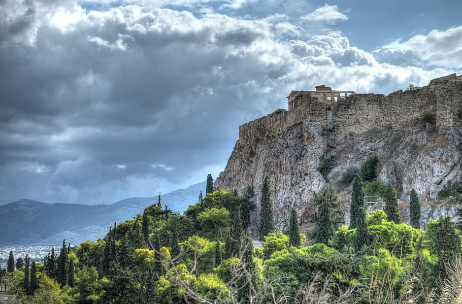 greece, mountain, clouds, landscape, nature, famous Place, architecture HD wallpaper