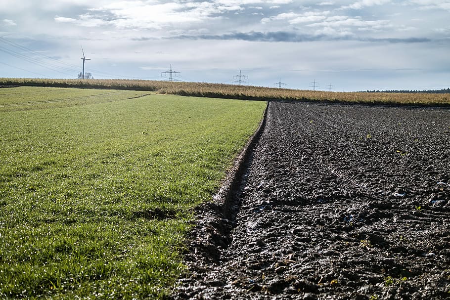 Field, Arable, Clouds, Poles, power poles, pinwheel, ground HD wallpaper