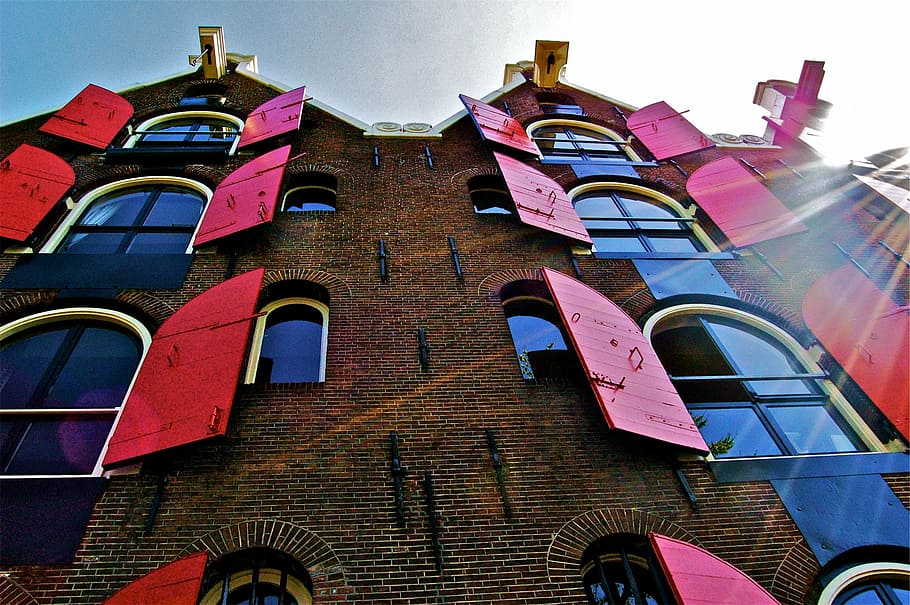 concrete building with red opened windows, low, angle, view HD wallpaper