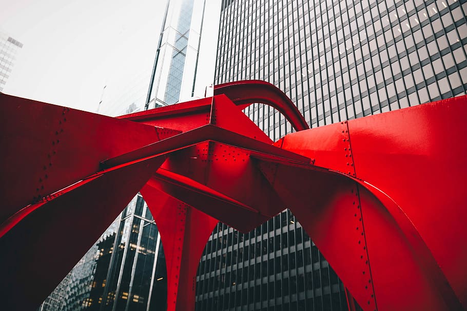 red metal frame, photography of red slide on the city, architecture HD wallpaper