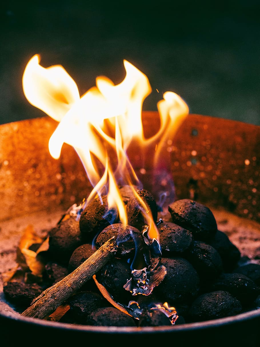 closeup photography of burning charcoals, fire, flames, camping HD wallpaper