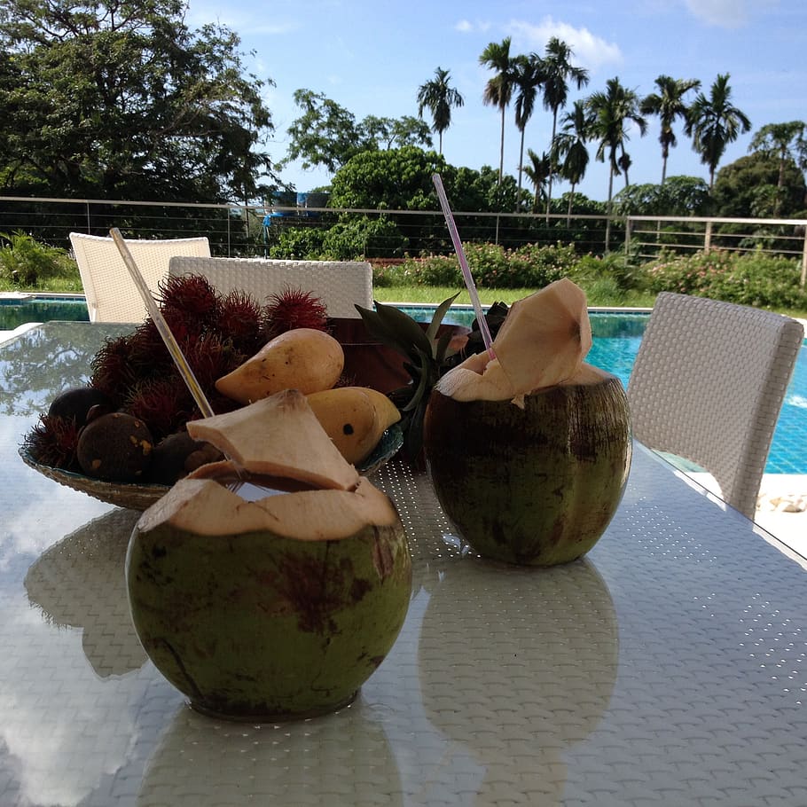 breakfast, fruits, coconuts, mango, tropics, palms, palm tree