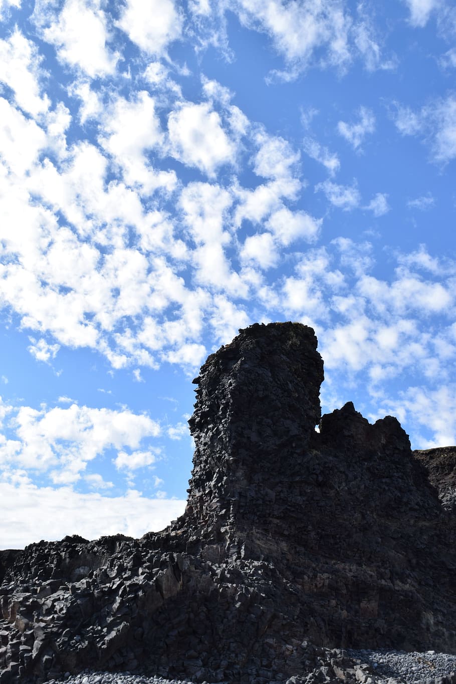 rock, formation, pillar, jagged, clouds, sky, blue, white, black HD wallpaper