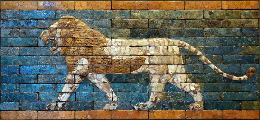beige and brown lion brick art, mesopotamian, babylon, tile, history