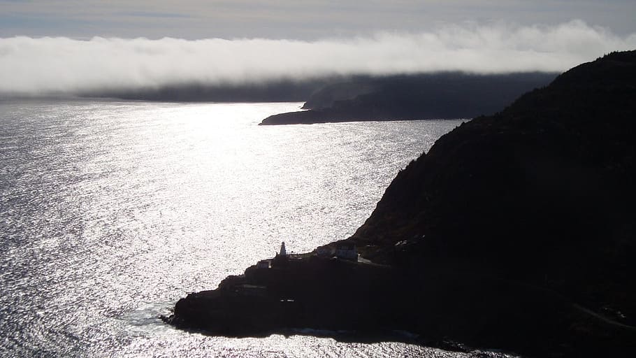 silhouette, mist, ocean, mountains, water, sea, rock, nature HD wallpaper