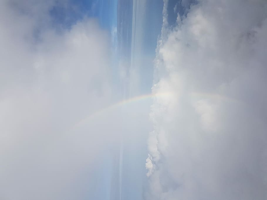 rainbow and white clouds, sky, weather, in the clouds, cloud - sky HD wallpaper