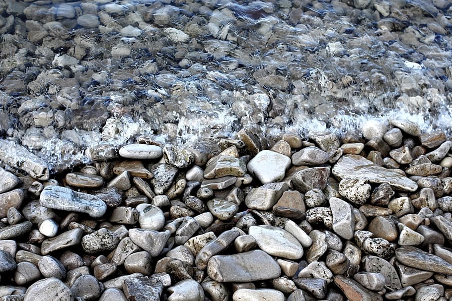 Water, Lapping, Stones, Lake, stony beach, beachfront, silver colored