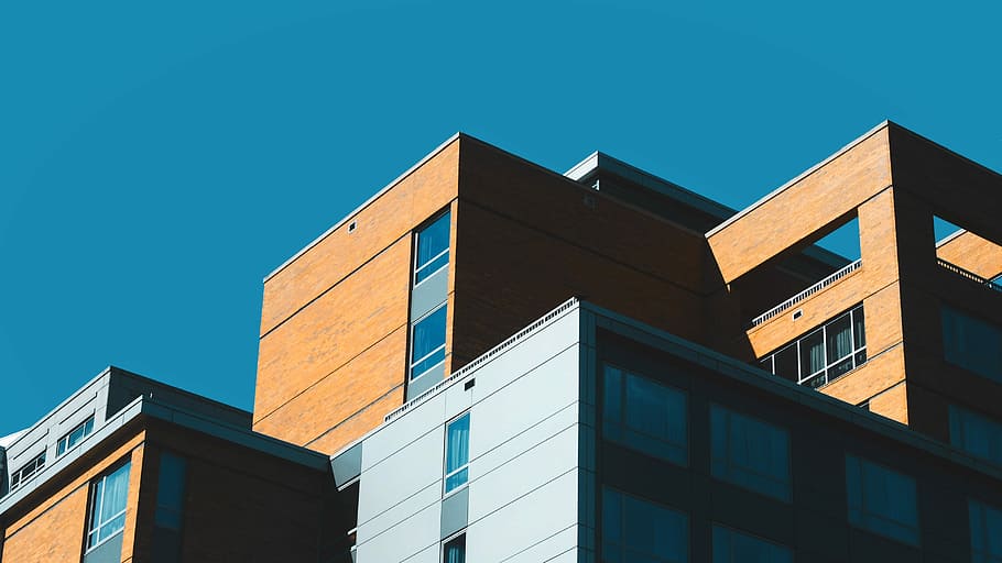 brown and white concrete building, sky, abstract, looking up HD wallpaper