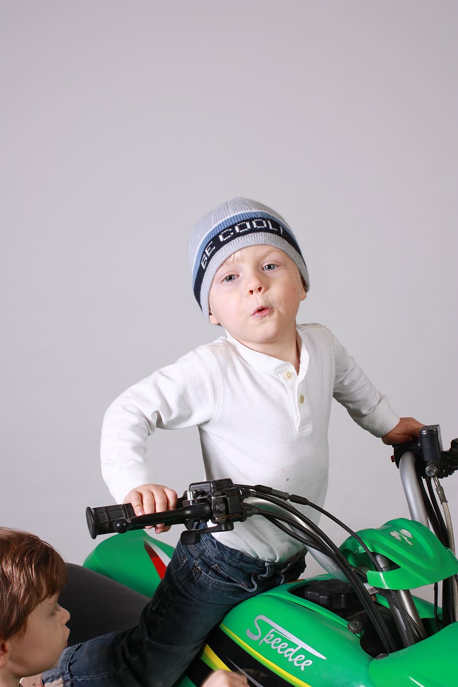 quad, green, kid, boy, school, smiling, children, four wheeler HD wallpaper