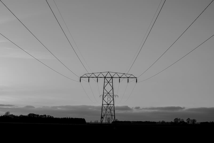 grayscale photo of power lines, electricity, pole, pylon, wires, HD wallpaper