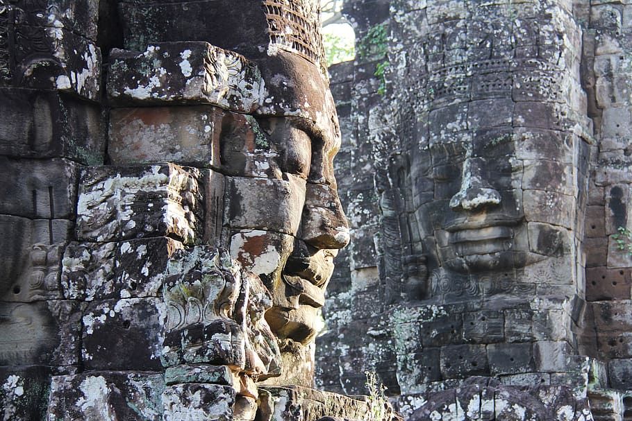 two brown tiki totem, bayon temple, travel, antique, old, movie, HD wallpaper