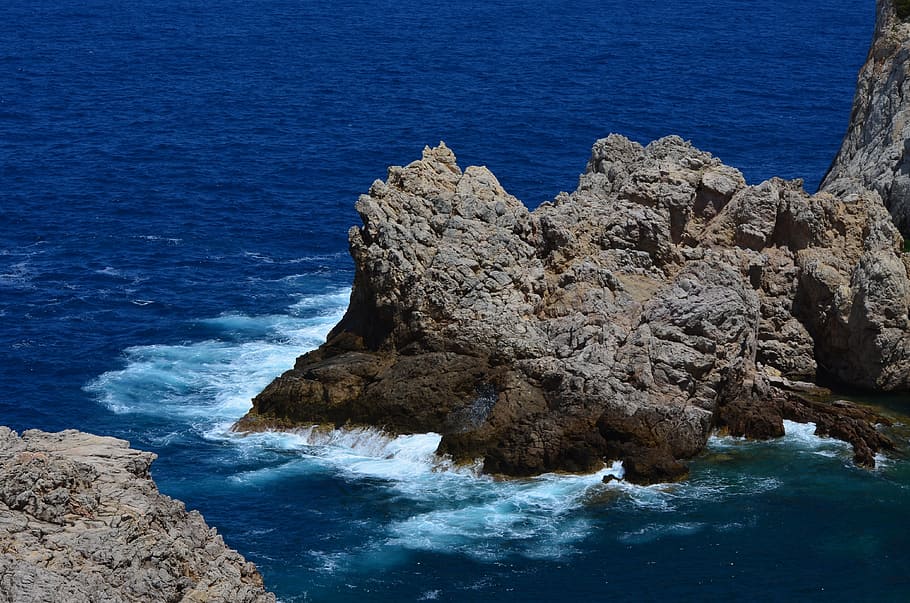 rock formation on body of water, cliffs, nature, coast, seas flow HD wallpaper