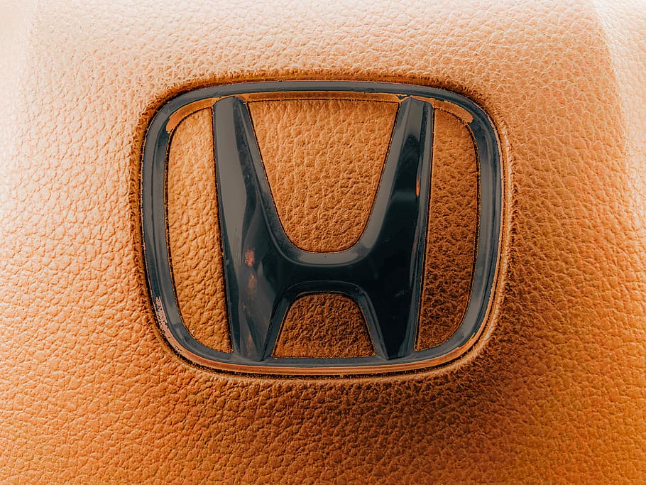 Honda emblem, gray Honda logo, leather, brown, black, letter