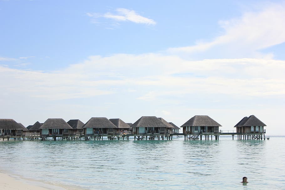vacation, beach, maldives, water, sky, architecture, built structure HD wallpaper