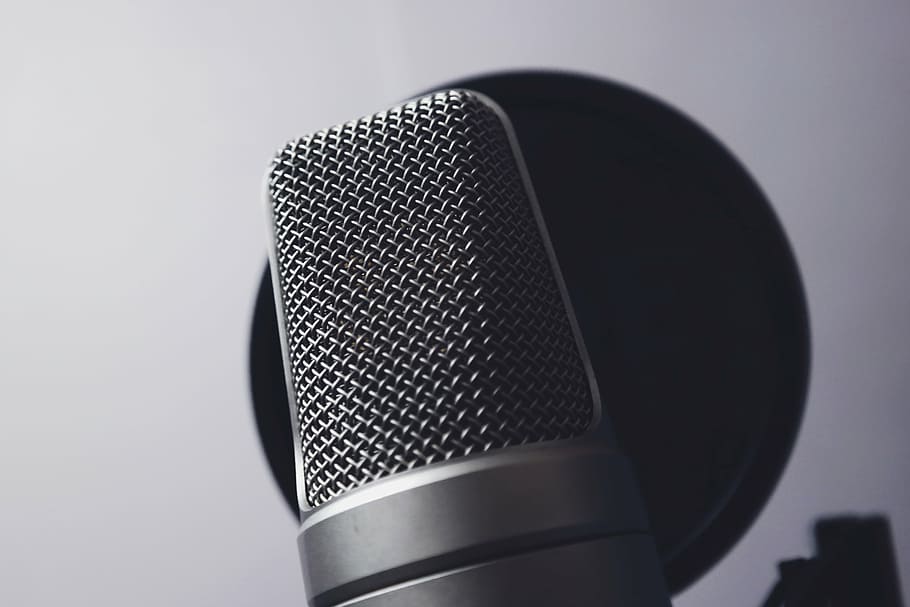 black condenser microphone beside pop filter, gray, closeup HD wallpaper