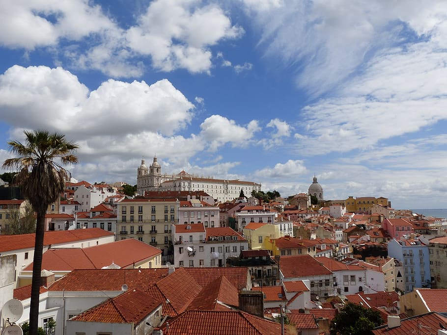 aerial photography of city with buildings, Lisbon, Clouds, sky HD wallpaper