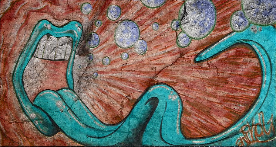teal tongue illustration, graffiti, comic, stone, mouth, rays HD wallpaper