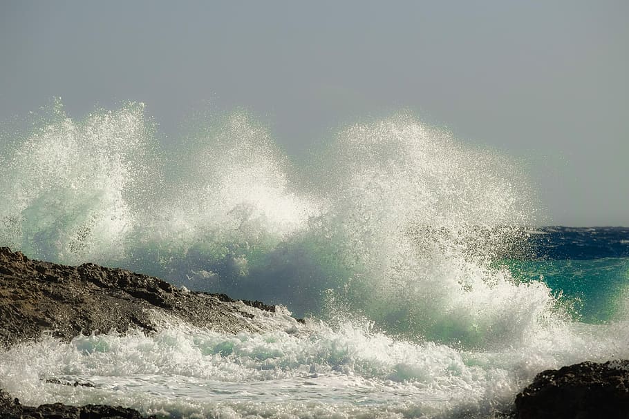 waves of water crashing on racks, surf, sea, spray, foam, nature HD wallpaper