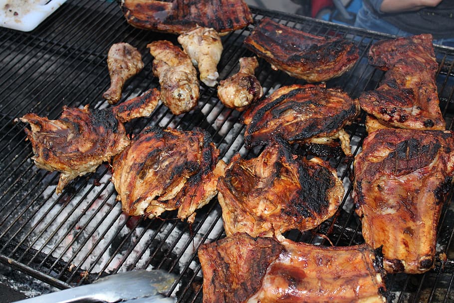 grilled meats, bar-b-que, chicken, food, barbecue, dinner, bbq, HD wallpaper