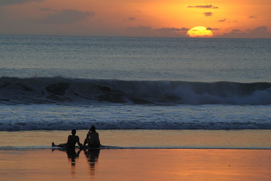 sunset, relaxing, beach, sea, sitting, ocean, people, nature HD wallpaper