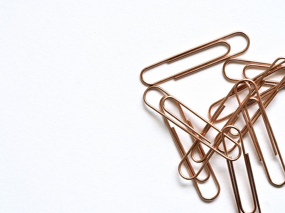 gold paper clips, composition, pencil, education, business, office, HD wallpaper