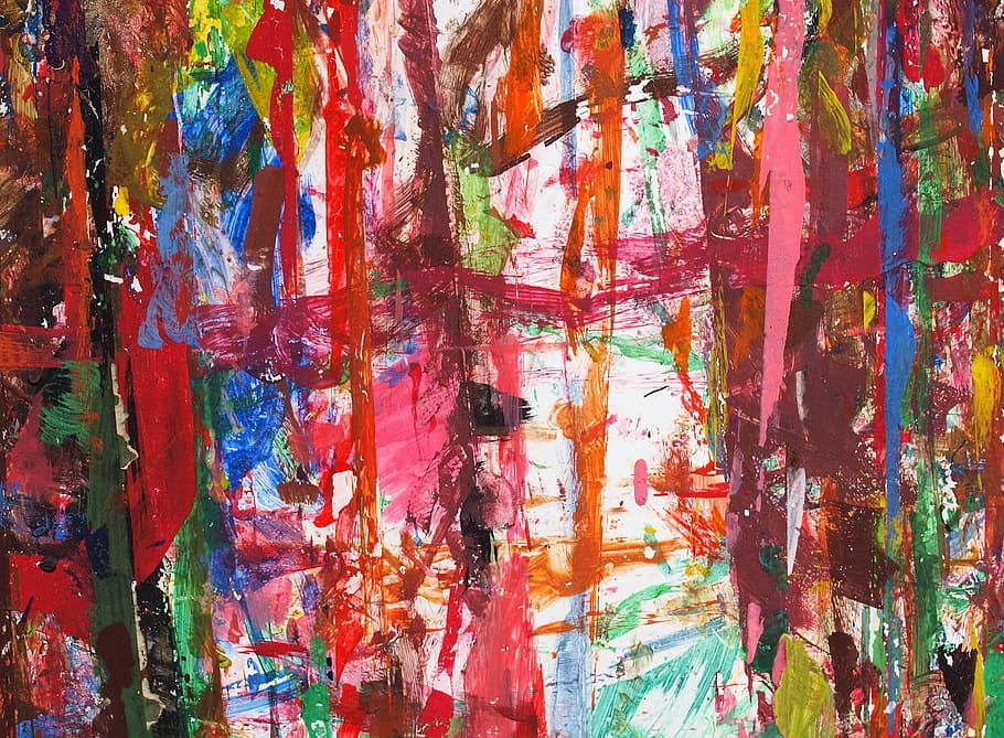 white, orange, pink, maroon, yellow, and green abstract painting