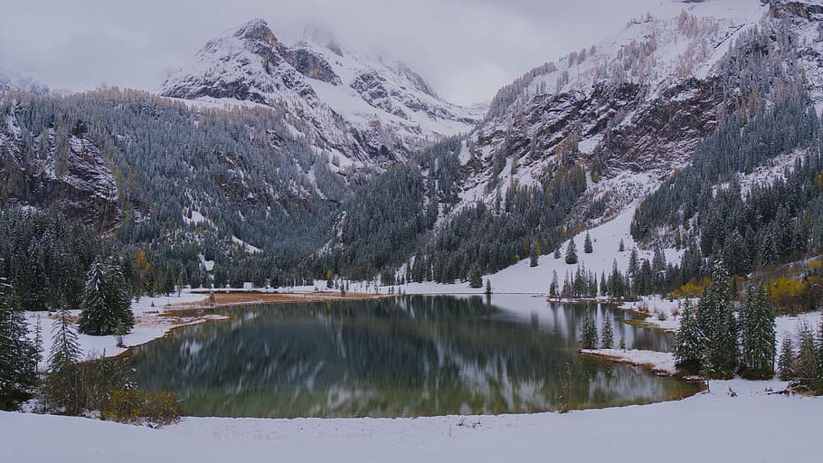 bergsee, mirroring, mood, wintry, mountain, snow, cold temperature HD wallpaper