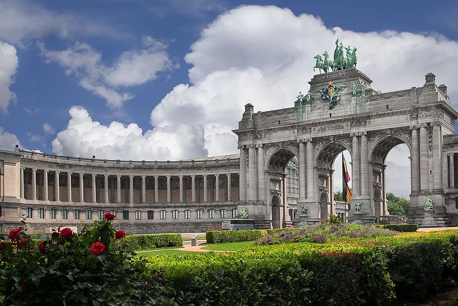 Monument, Brussels, Clouds, Statue, park, architecture, famous Place, HD wallpaper