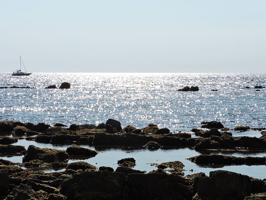 Sunny, Rocks, blue, costa, summer, stones, boat, sea, horizon over water HD wallpaper