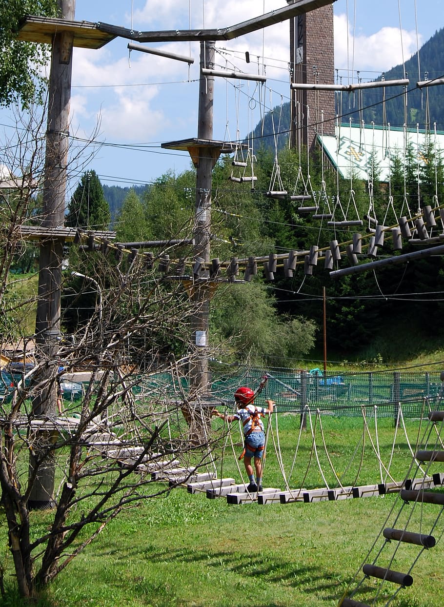 rock climbing, rope, child, step, bridge, green, nature, sport HD wallpaper
